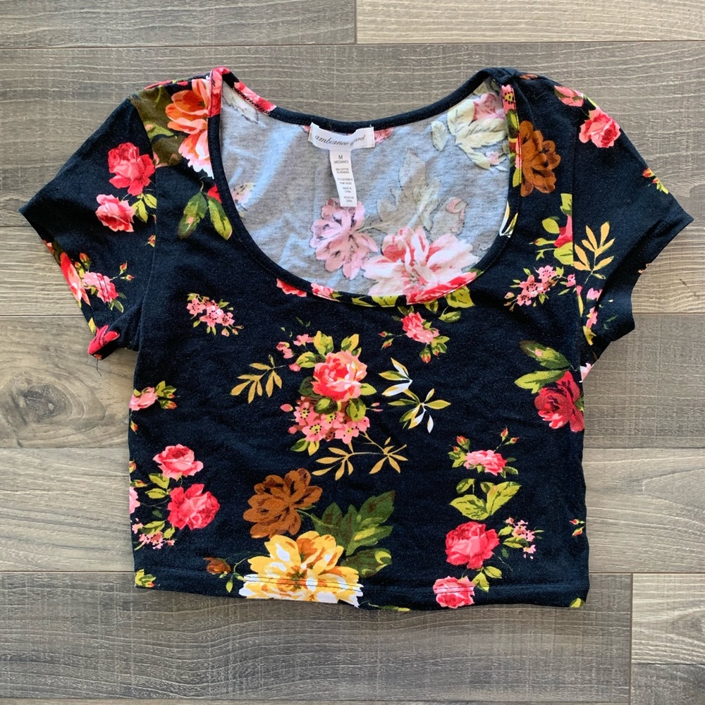[3 for $30] Ambiance Apparel Multi Crop Top Black with Ref and Pink Flowers